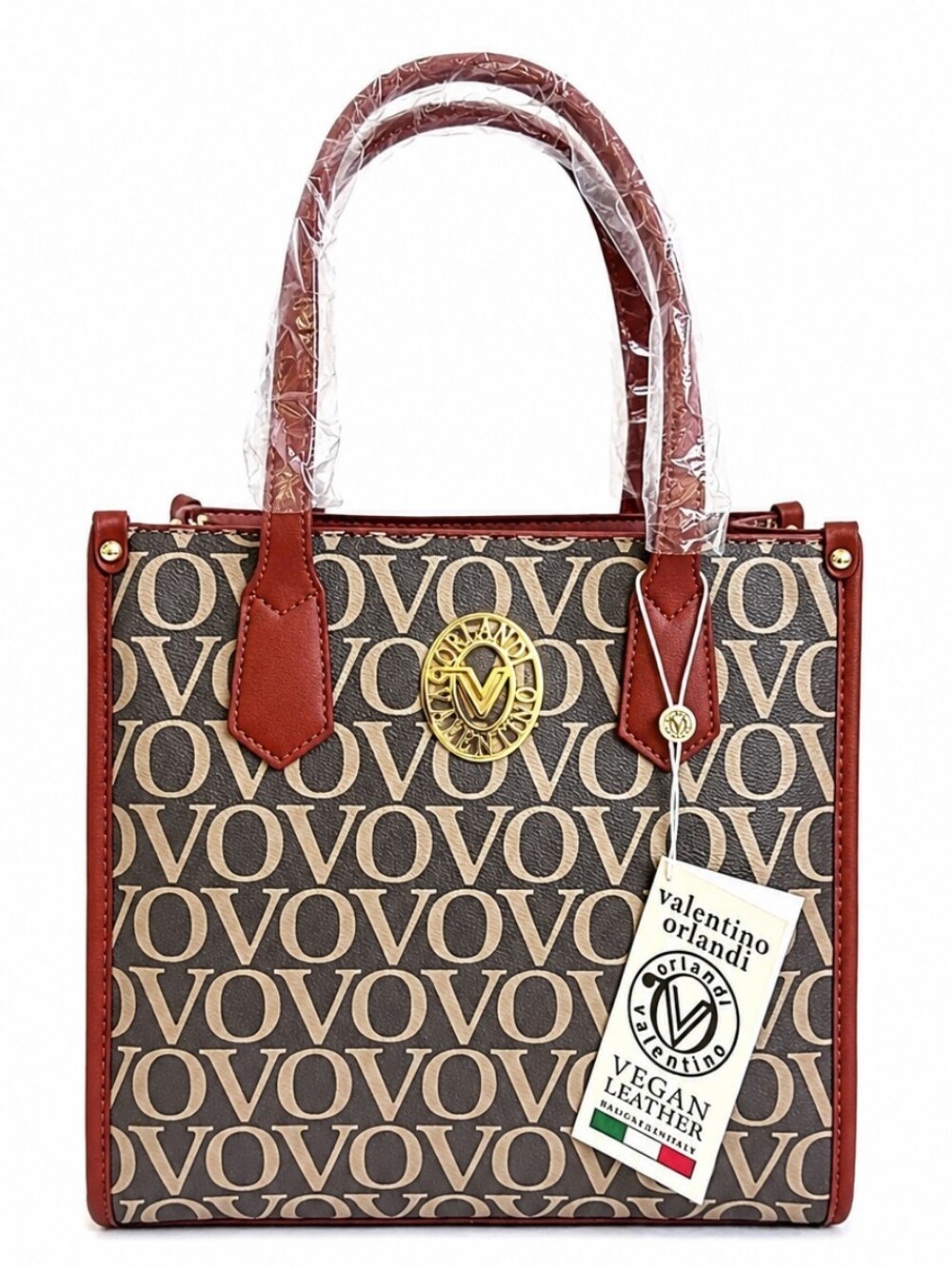 Valentino Orlandi Brown Monogram Tote Bag NWT Vegan Leather Satchel Crossbody
